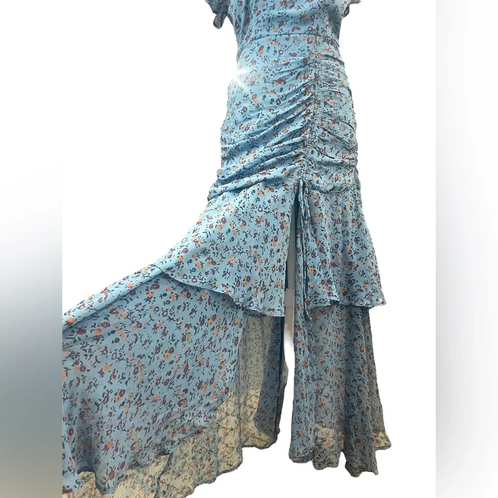 Cleobella Cecilia Blue Floral Chiffon Tiered Slit Midi Dress Lapis Block‎ Print - Picture 12 of 16